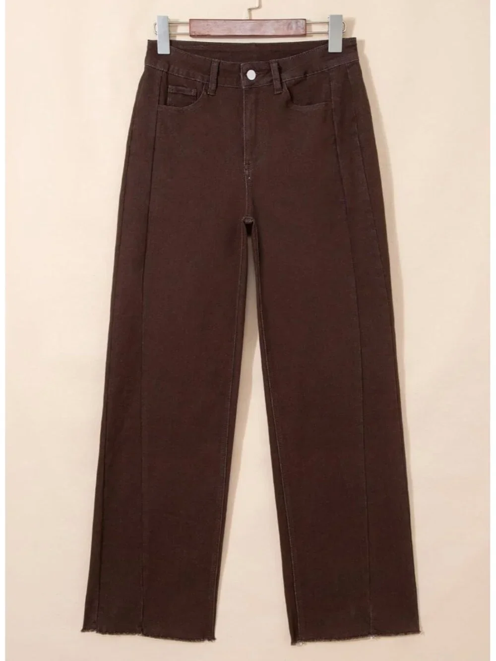 〽️ Women Coffee High Waist Wide Leg Jeans Stretch Raw Hem Denim Zimbaplatinum